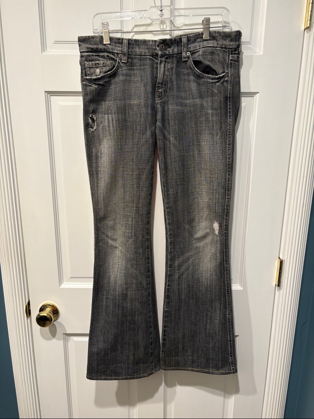 7 For All Mankind Gray Washed Flare Jeans with Light Distressing